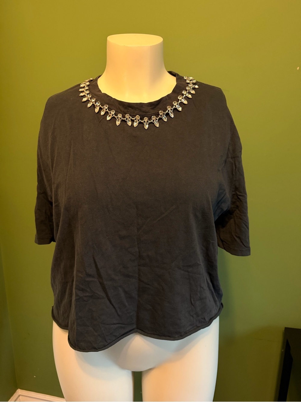 Zara Black Short-Sleeve Embellished Crop Top